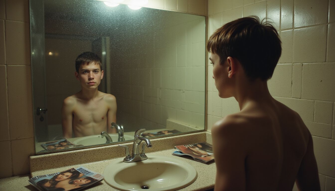 A teenager gazes at their reflection in a bathroom mirror, thinking quietly. A teenager gazes at their reflection in a bathroom mirror, thinking quietly.