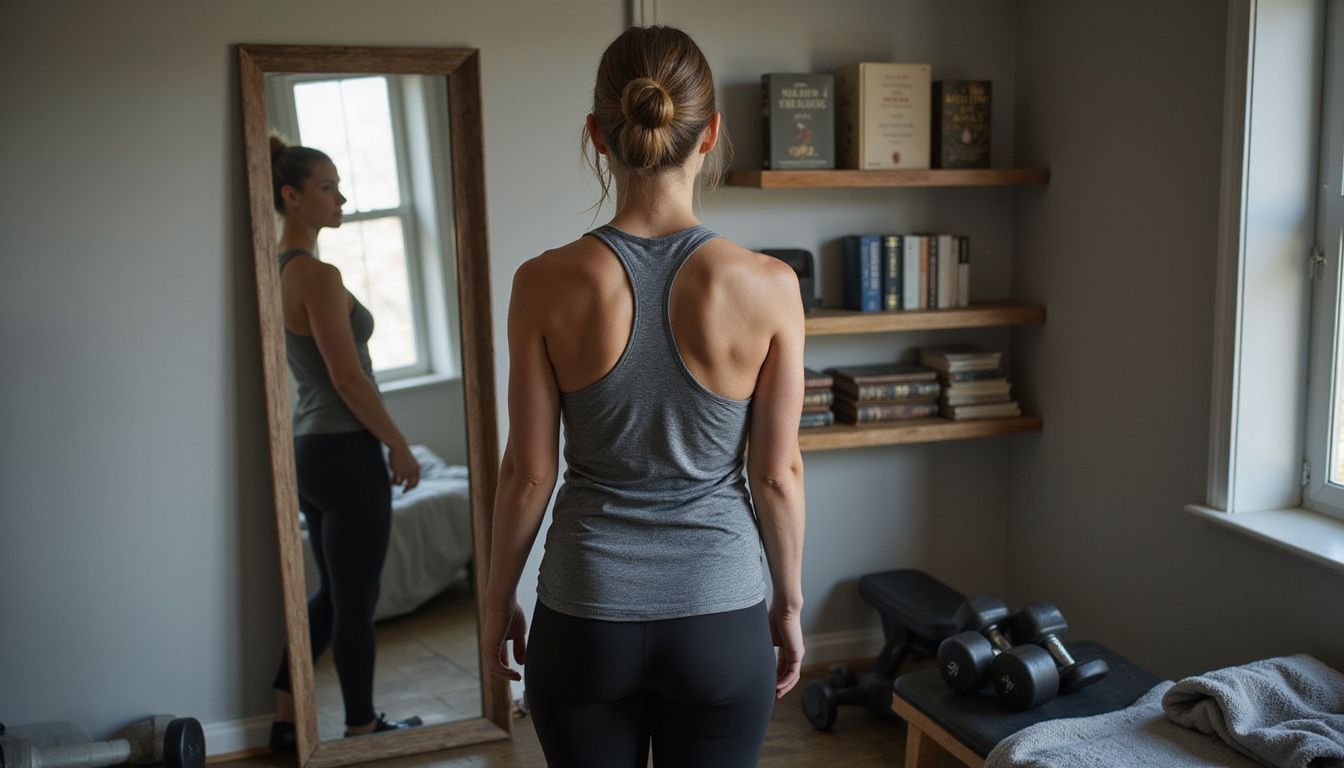 A woman studies her reflection while thinking about fitness changes. A woman studies her reflection while thinking about fitness changes.