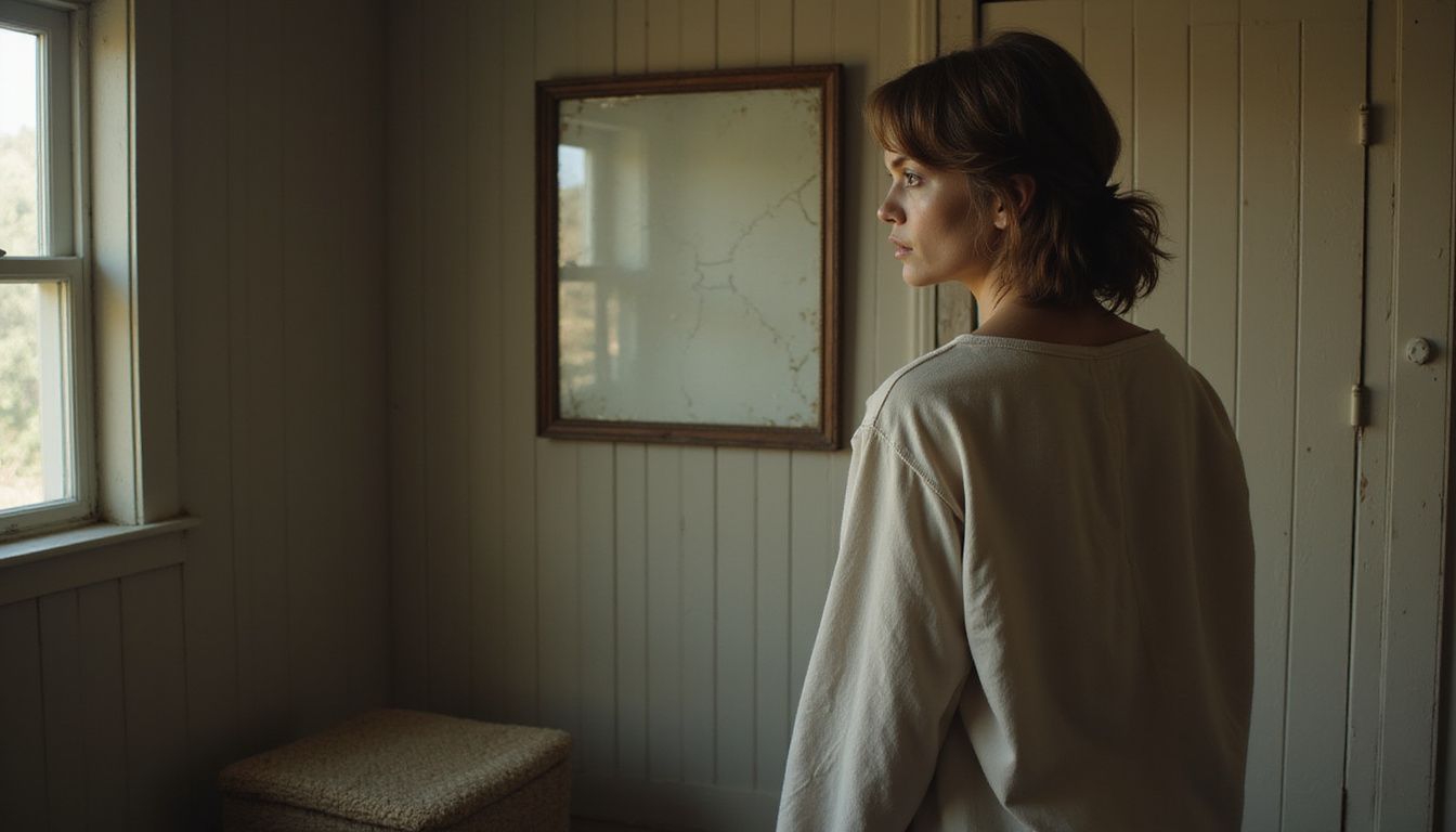 Sara Rue studying her reflection in a quiet dressing room before a fitting.