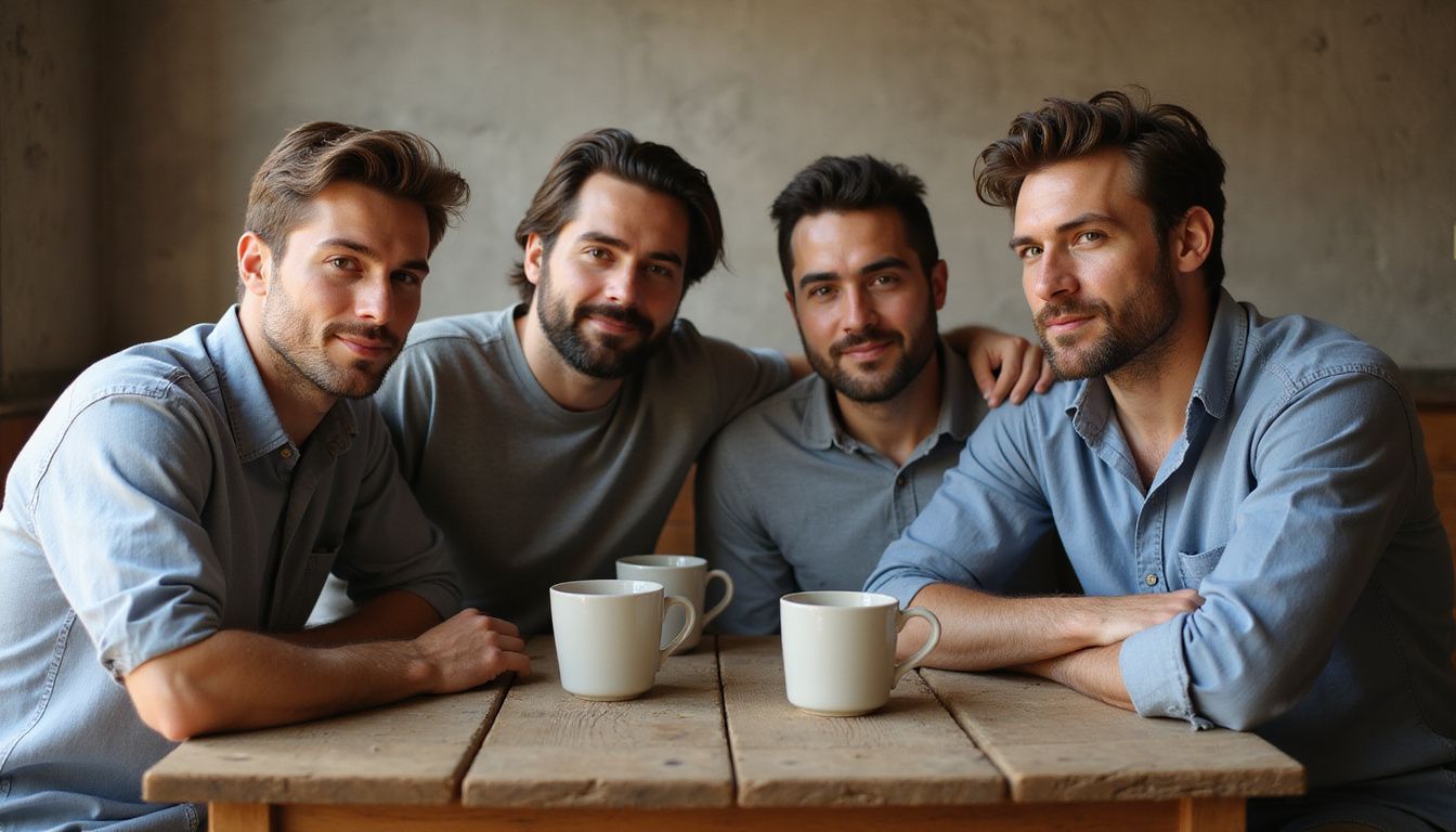 Four friends talking over coffee at a cafe table.