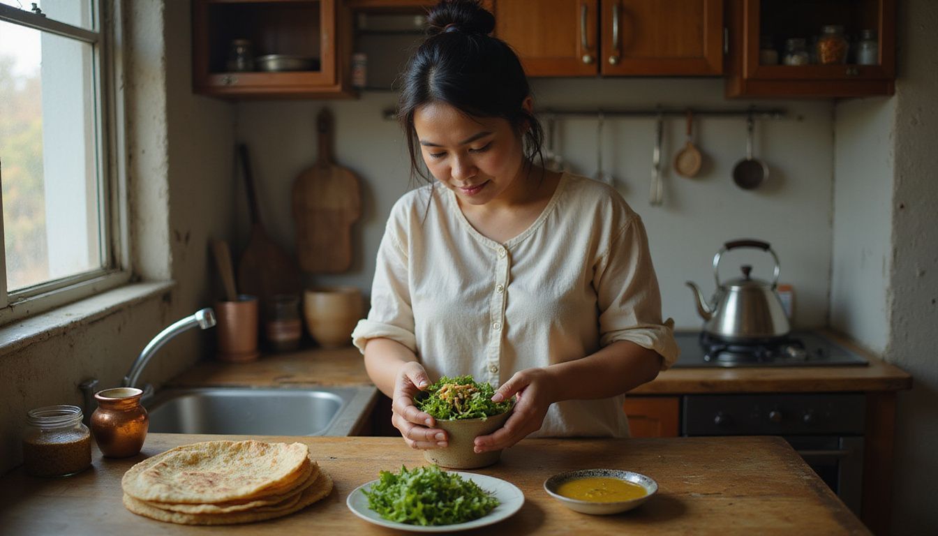 A woman preparing a fresh salad in a cozy kitchen.