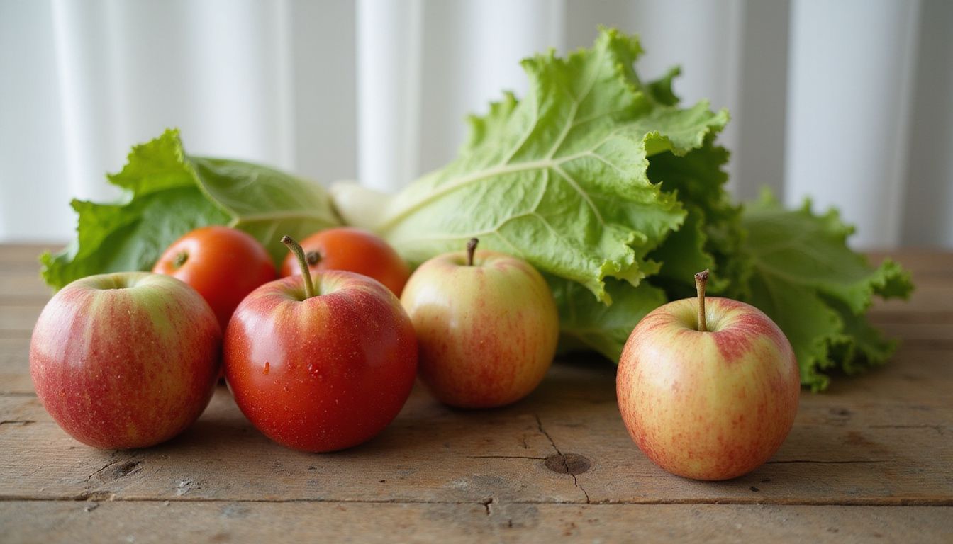 Rustic wooden table with bright fruits and vegetables ready for meal prep. Rustic wooden table with bright fruits and vegetables ready for meal prep.