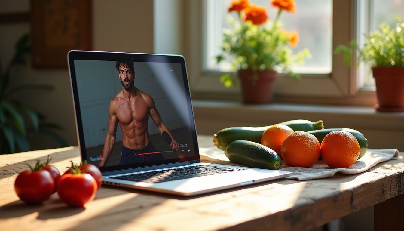 A rustic kitchen table with fresh produce beside an open laptop, suggesting meal planning.