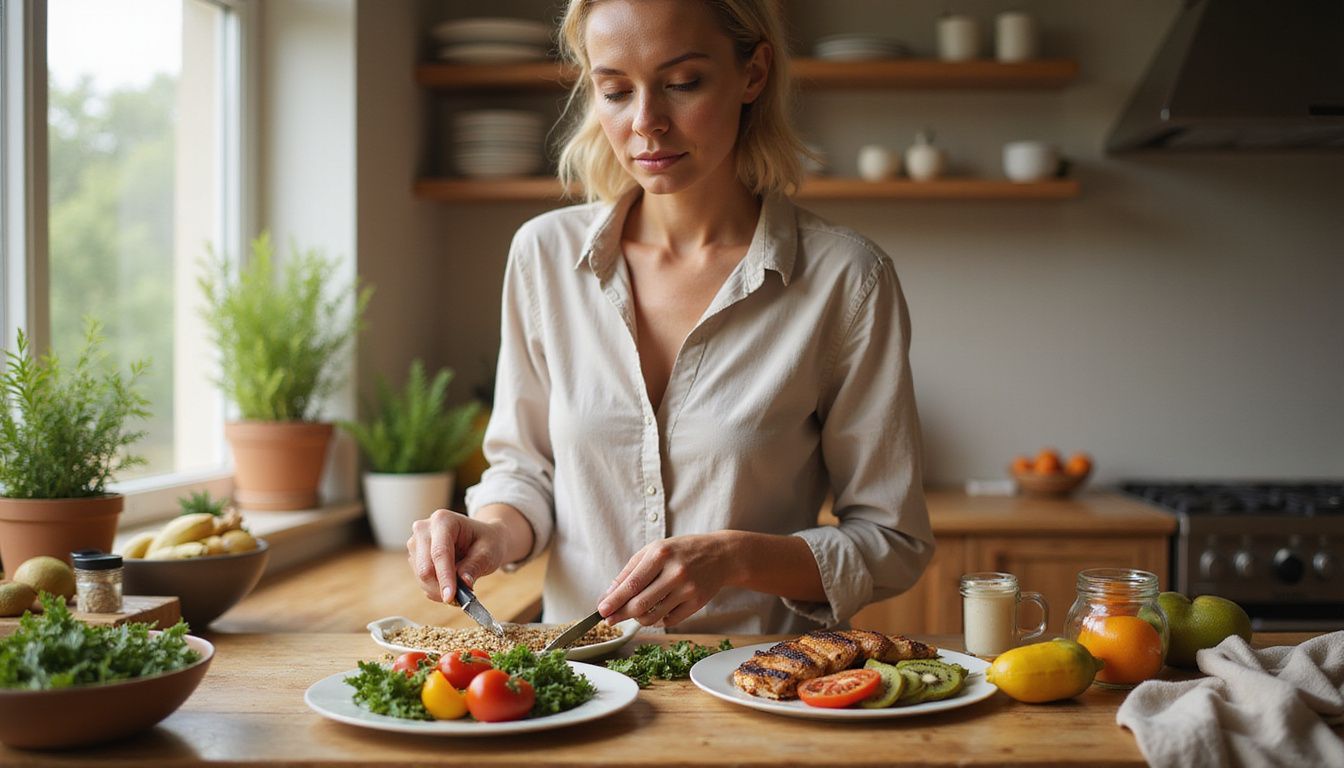 A woman laying out colorful meal plates on a kitchen island. A woman laying out colorful meal plates on a kitchen island.