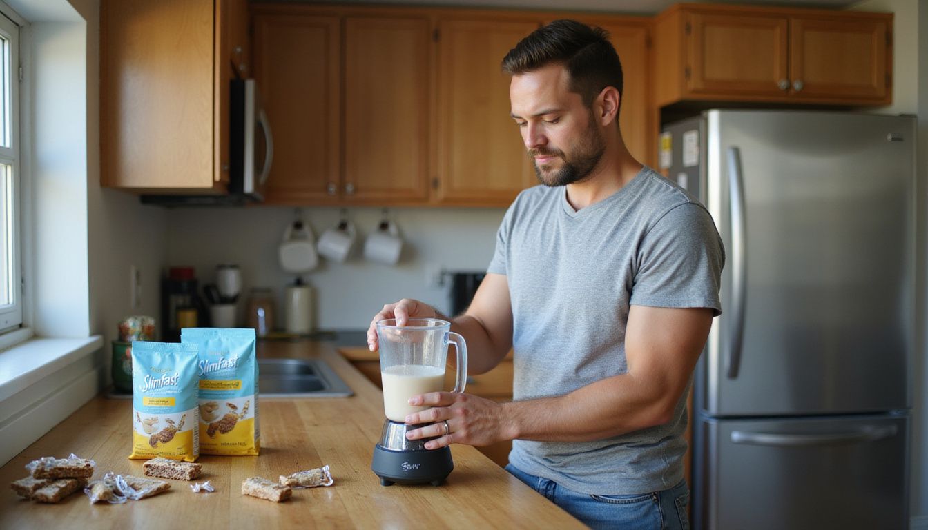 Person blending a SlimFast shake in a home kitchen