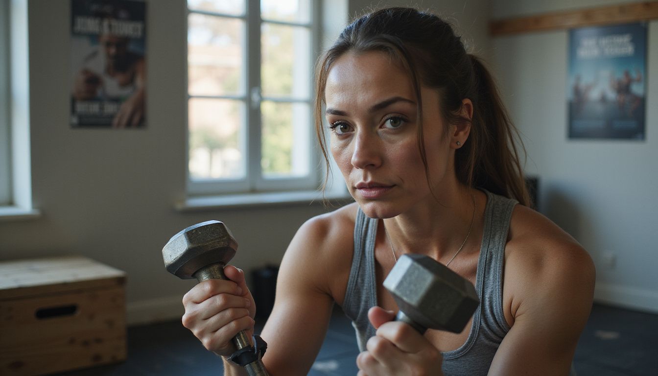Focused woman lifting a dumbbell during a home workout.