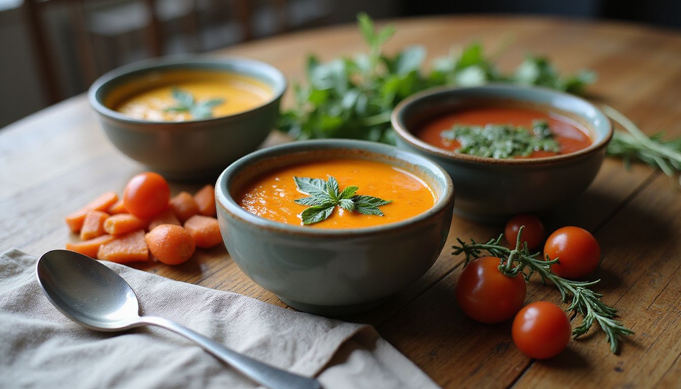 Colorful bowls of vegetable soups with fresh produce on a wooden table.