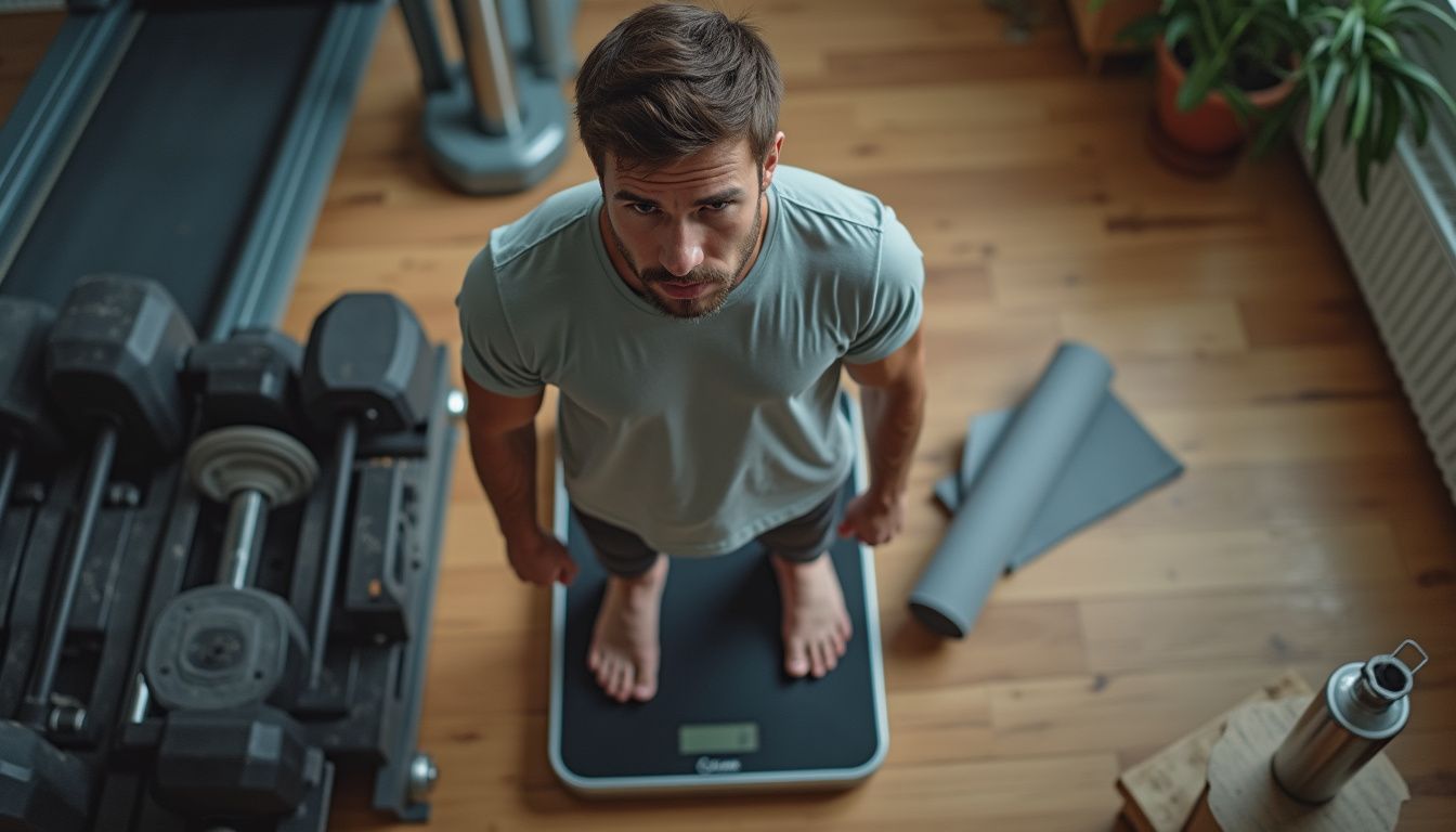 A man standing on a scale in a home gym, considering his health plan.