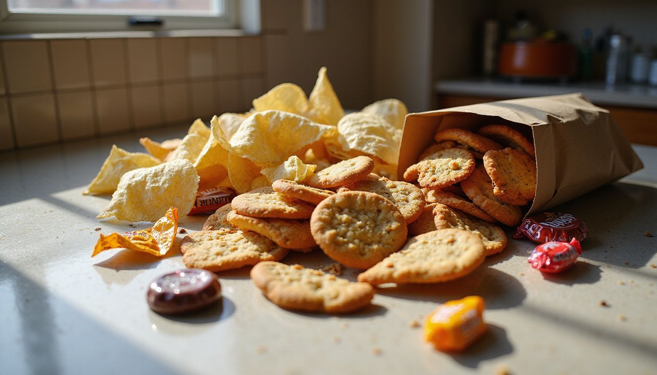 A kitchen counter crowded with sugary and salty snacks. A kitchen counter crowded with sugary and salty snacks.