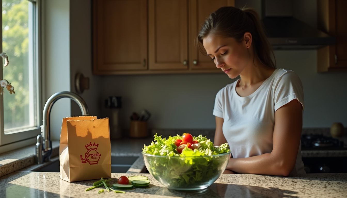 A person choosing between a fresh salad and a fast-food bag.