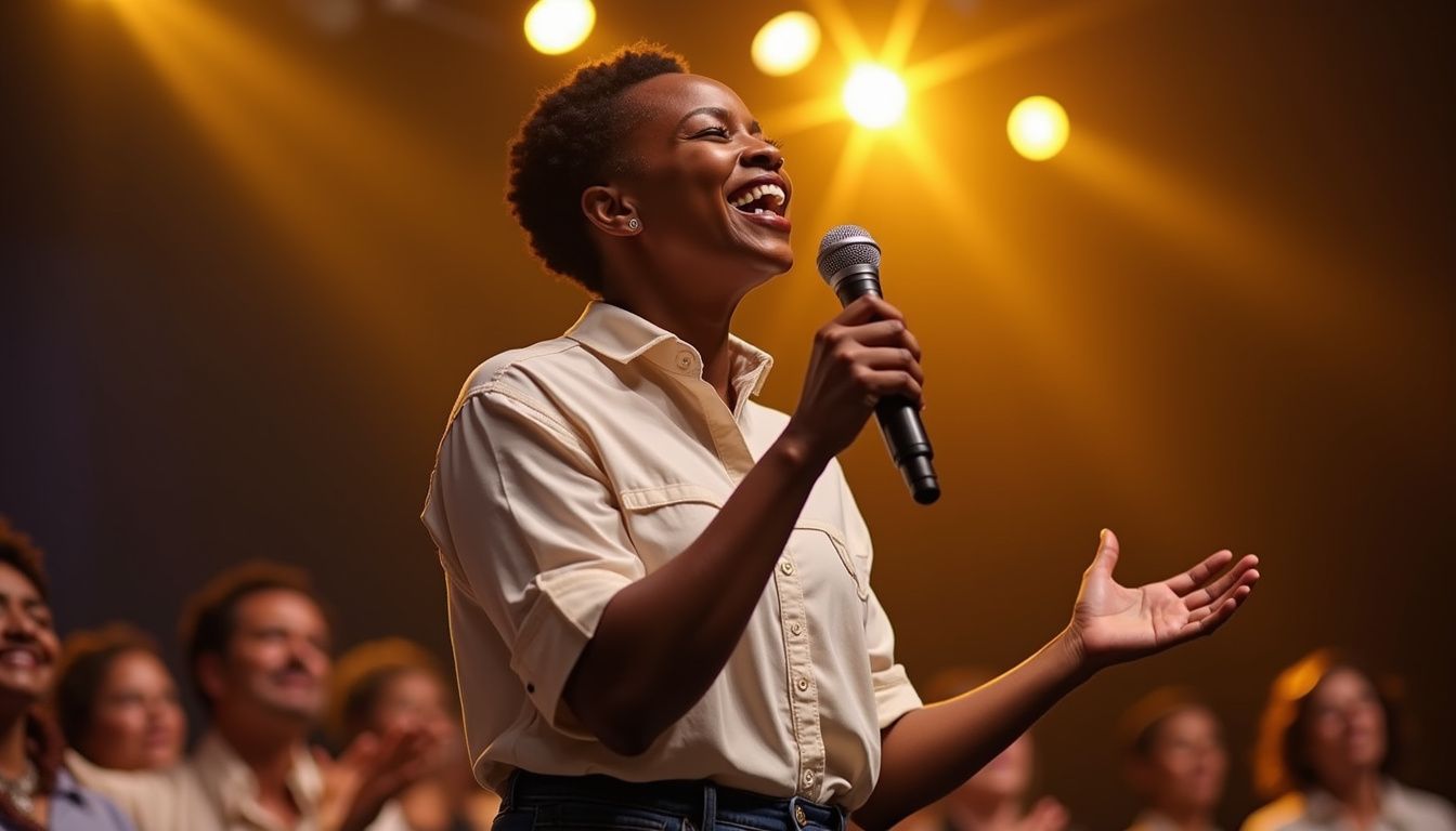 A well-known gospel vocalist sings on stage during a live performance.