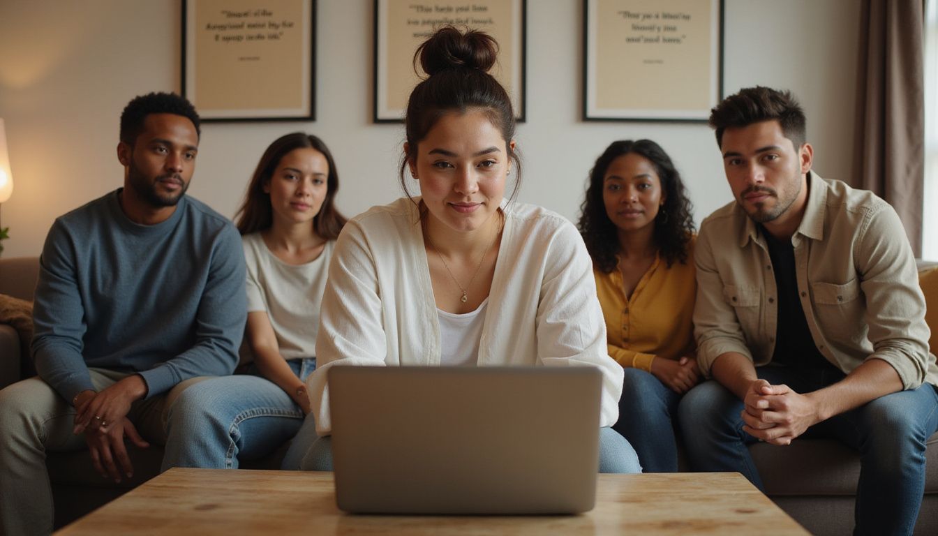 Young adults gather around a laptop, sharing a focused moment.