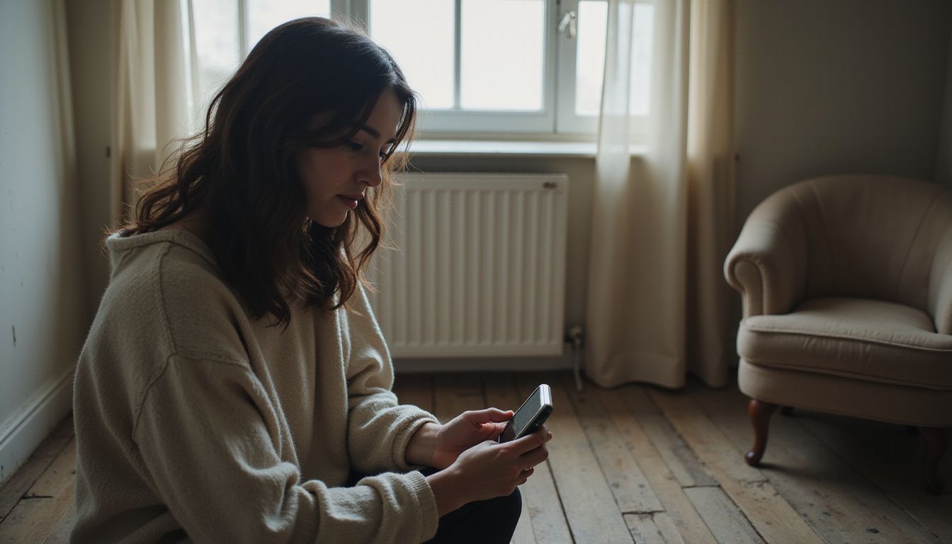 A woman sits in a warm-lit room, thinking while using her phone.