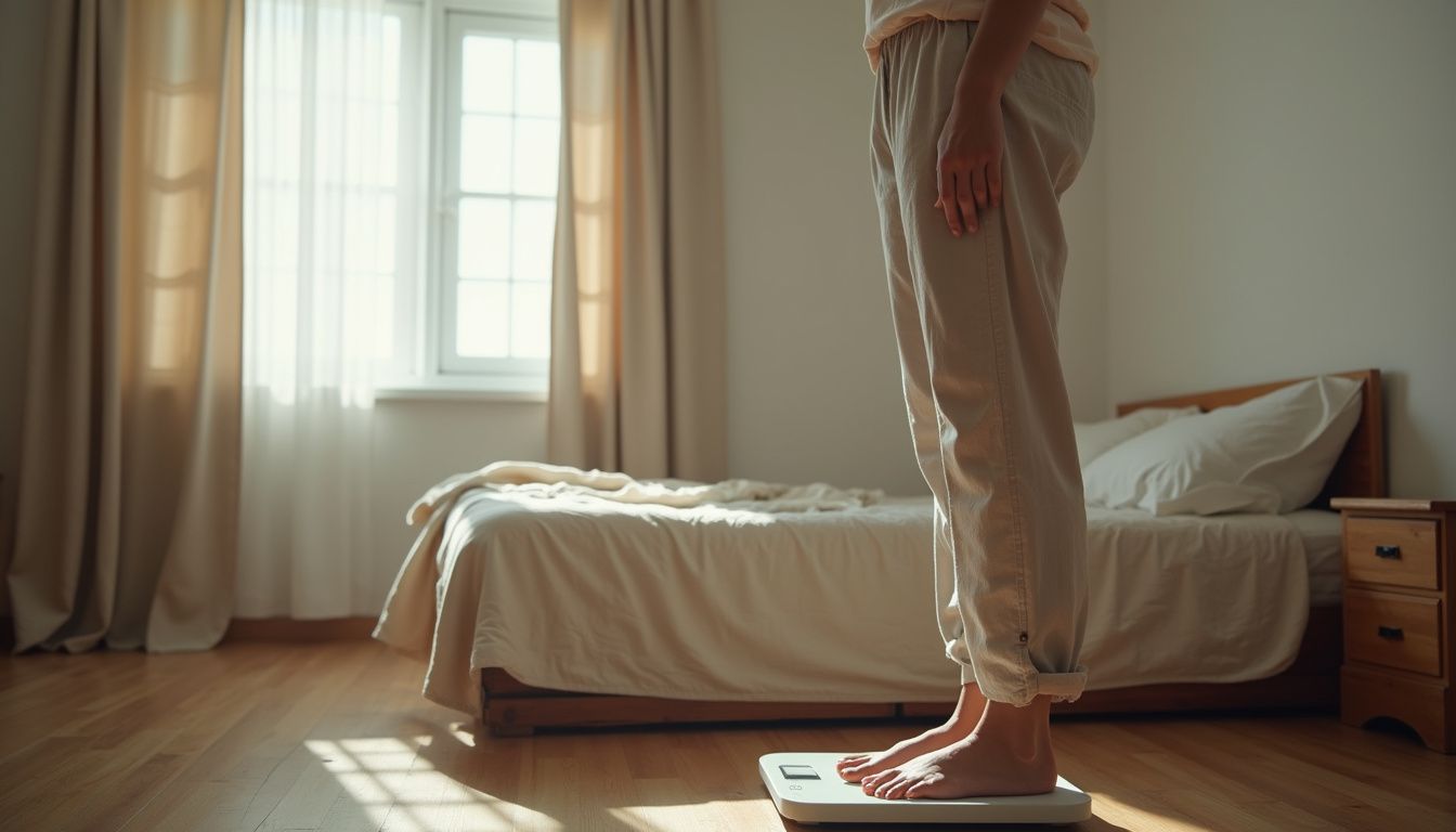 A woman in midlife checking her weight and reflecting on body changes. A woman in midlife checking her weight and reflecting on body changes.