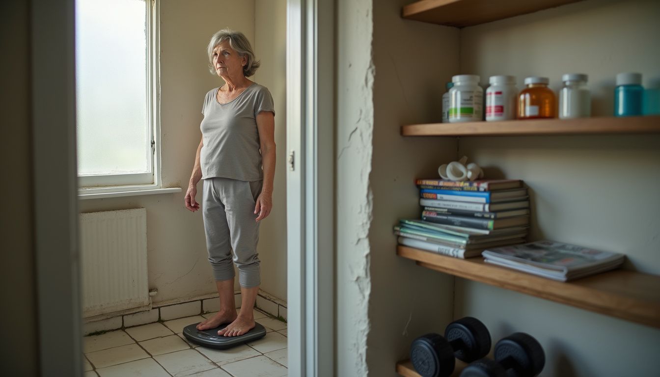 A woman looking at a bathroom scale, considering changes in her weight.