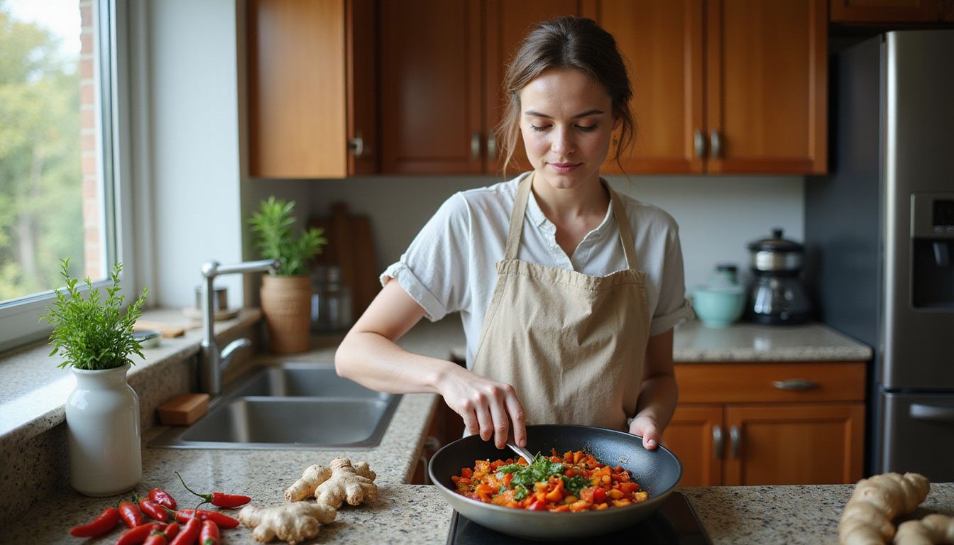 Home cook sautéing bright vegetables in a cozy kitchen. Home cook sautéing bright vegetables in a cozy kitchen.