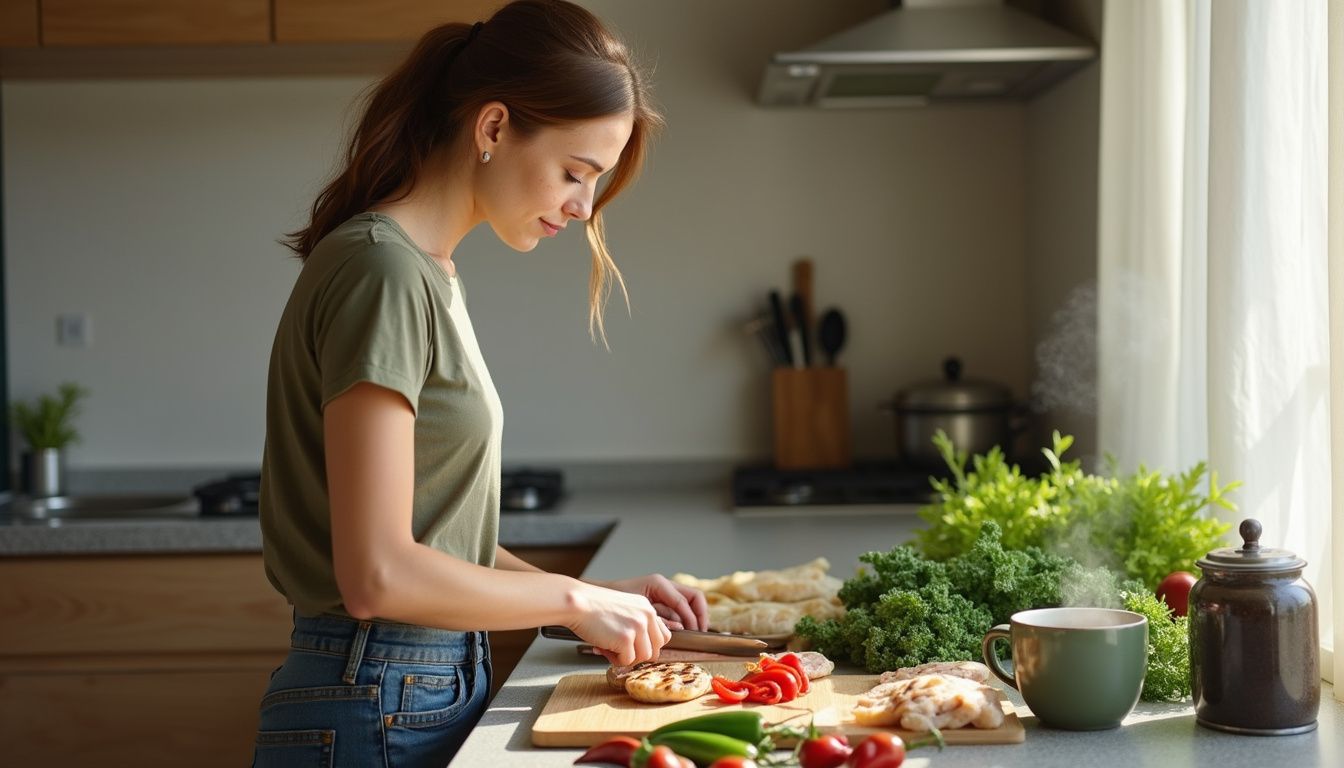 A home cook preparing fresh ingredients on a modern kitchen counter. A home cook preparing fresh ingredients on a modern kitchen counter.