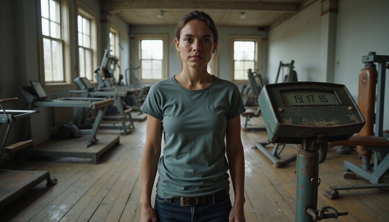 A person in a vintage gym pauses beside weights, reflecting on progress. A person in a vintage gym pauses beside weights, reflecting on progress.