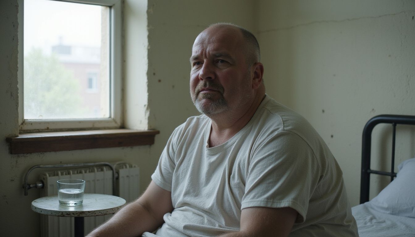 A seasoned actor sits in a quiet hospital room, focused yet hopeful.