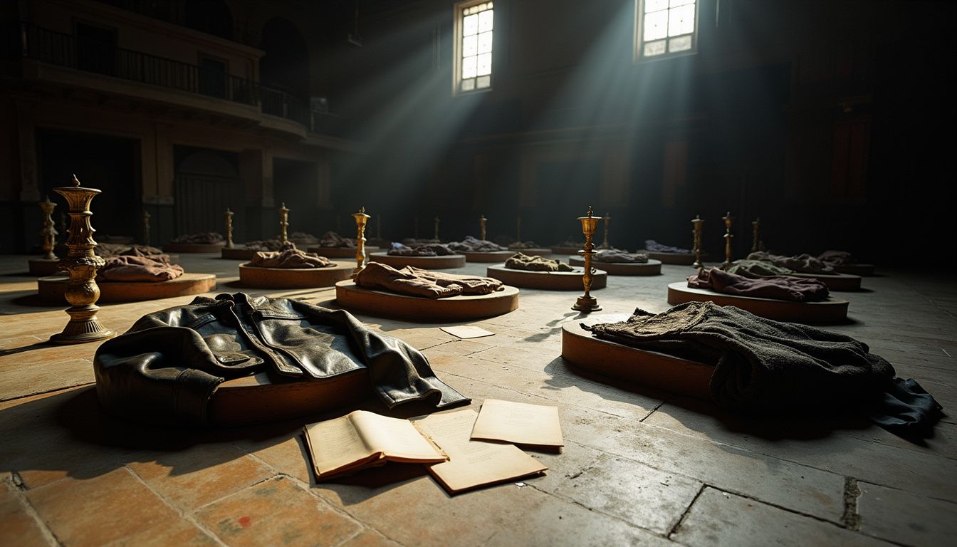 Props and costumes on a theater stage, suggesting a long creative history. Props and costumes on a theater stage, suggesting a long creative history.