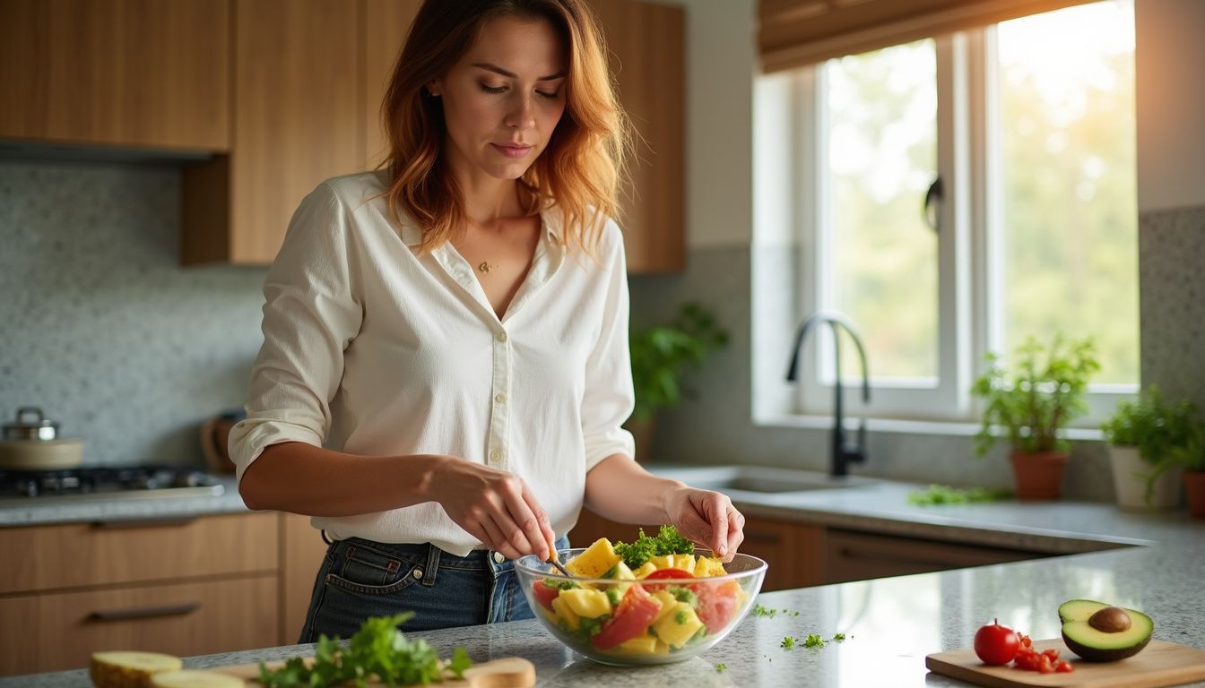 Home cook assembling a colorful tropical salad with greens, herbs, and citrus Home cook assembling a colorful tropical salad with greens, herbs, and citrus