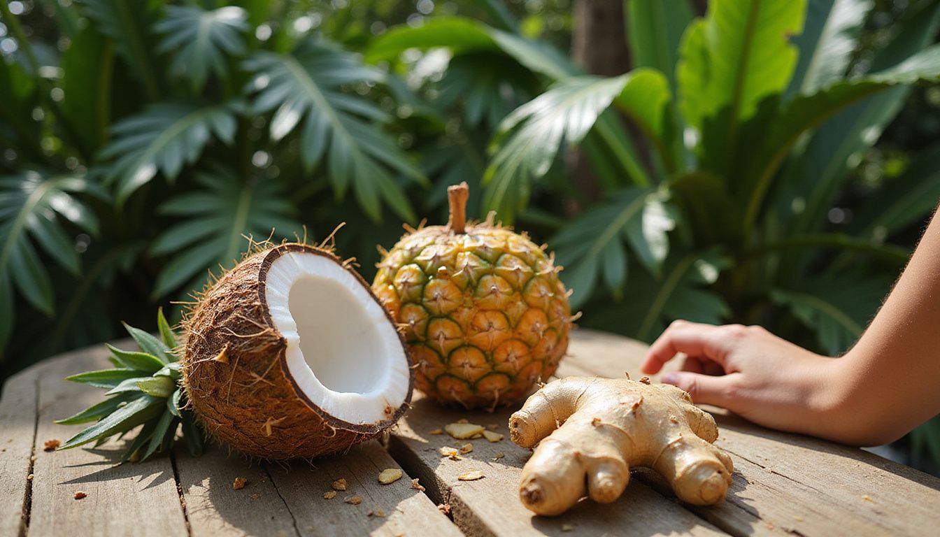 Fresh coconut, pineapple, and ginger arranged on a table in a bright tropical setting. Fresh coconut, pineapple, and ginger arranged on a table in a bright tropical setting.