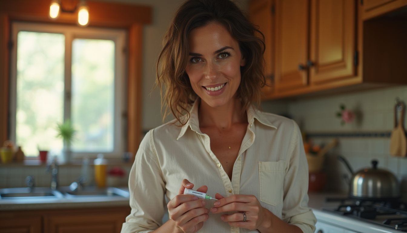 A person prepares a Trulicity pen for a once-weekly injection in a kitchen.