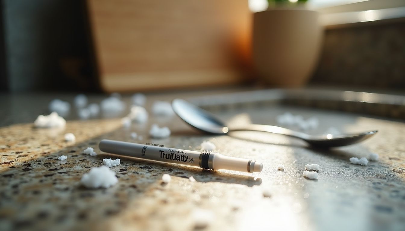 Close-up of a Trulicity injection pen on a granite countertop. Close-up of a Trulicity injection pen on a granite countertop.