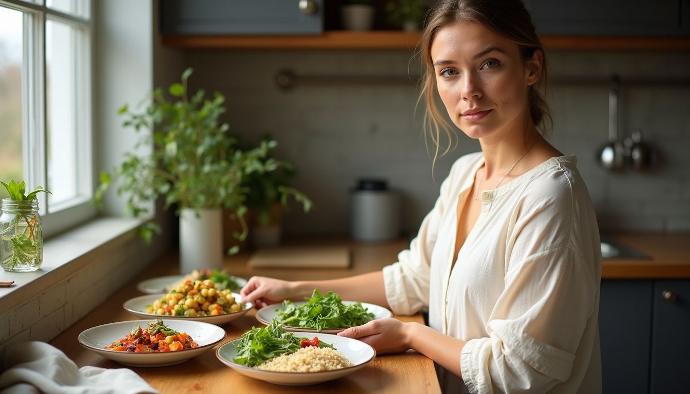 Cook assembling vibrant vegan bowls rich in vegetables, grains, and legumes. Cook assembling vibrant vegan bowls rich in vegetables, grains, and legumes.