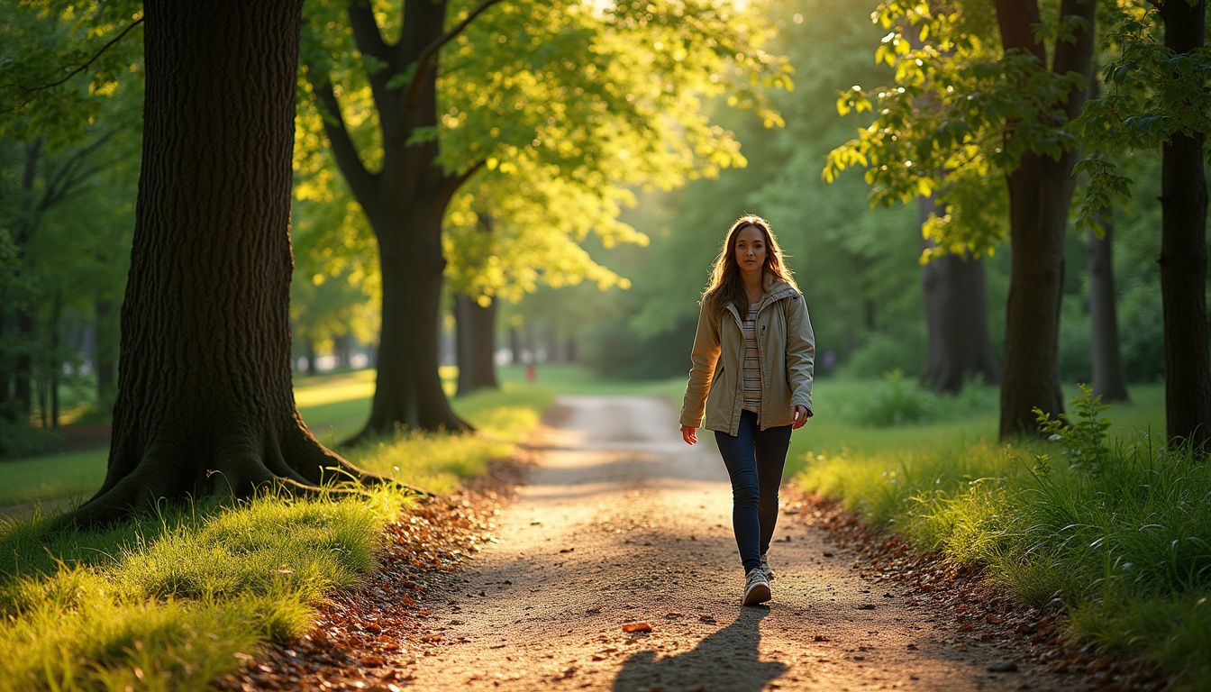 A woman walking calmly along a shaded dirt path in a park. A woman walking calmly along a shaded dirt path in a park.