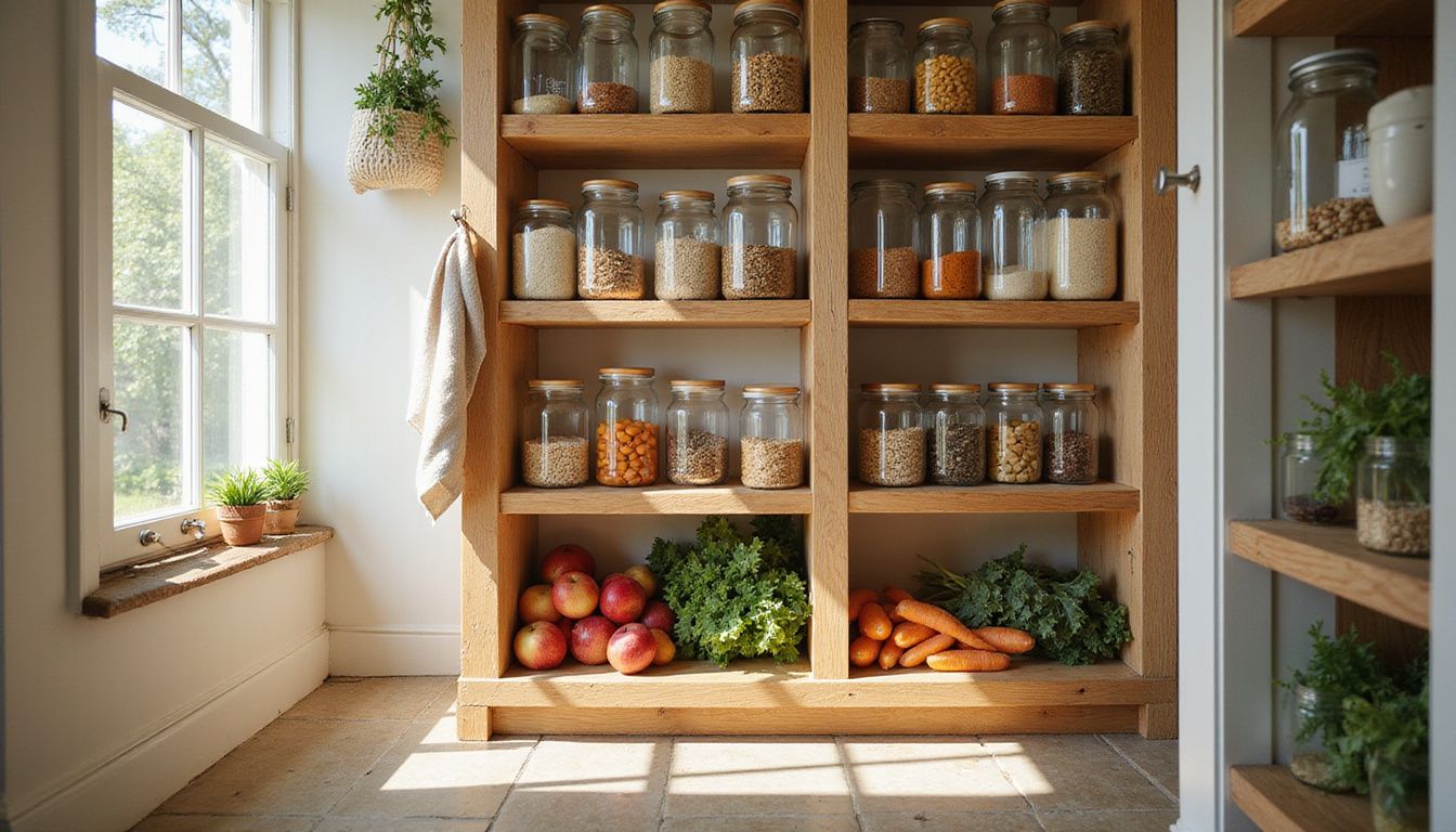 Organized pantry with clear jars and fresh produce ready for meal prep. Organized pantry with clear jars and fresh produce ready for meal prep.