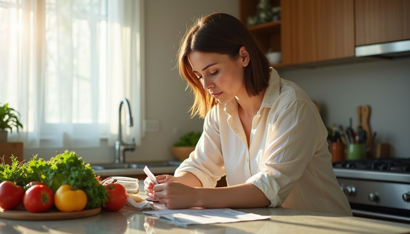 Woman reading nutrition labels near fresh produce in her kitchen. Woman reading nutrition labels near fresh produce in her kitchen.