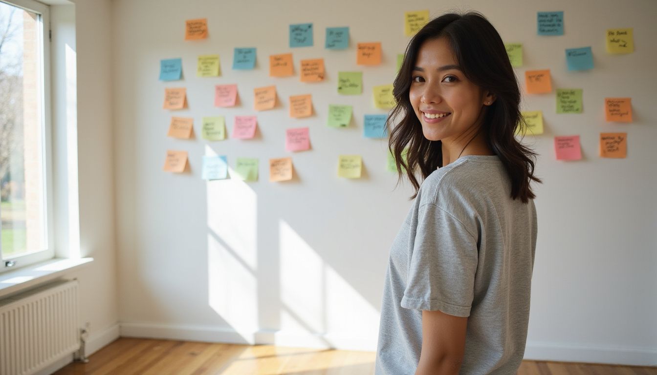 Smiling person reading motivational sticky notes about healthy habits. Smiling person reading motivational sticky notes about healthy habits.