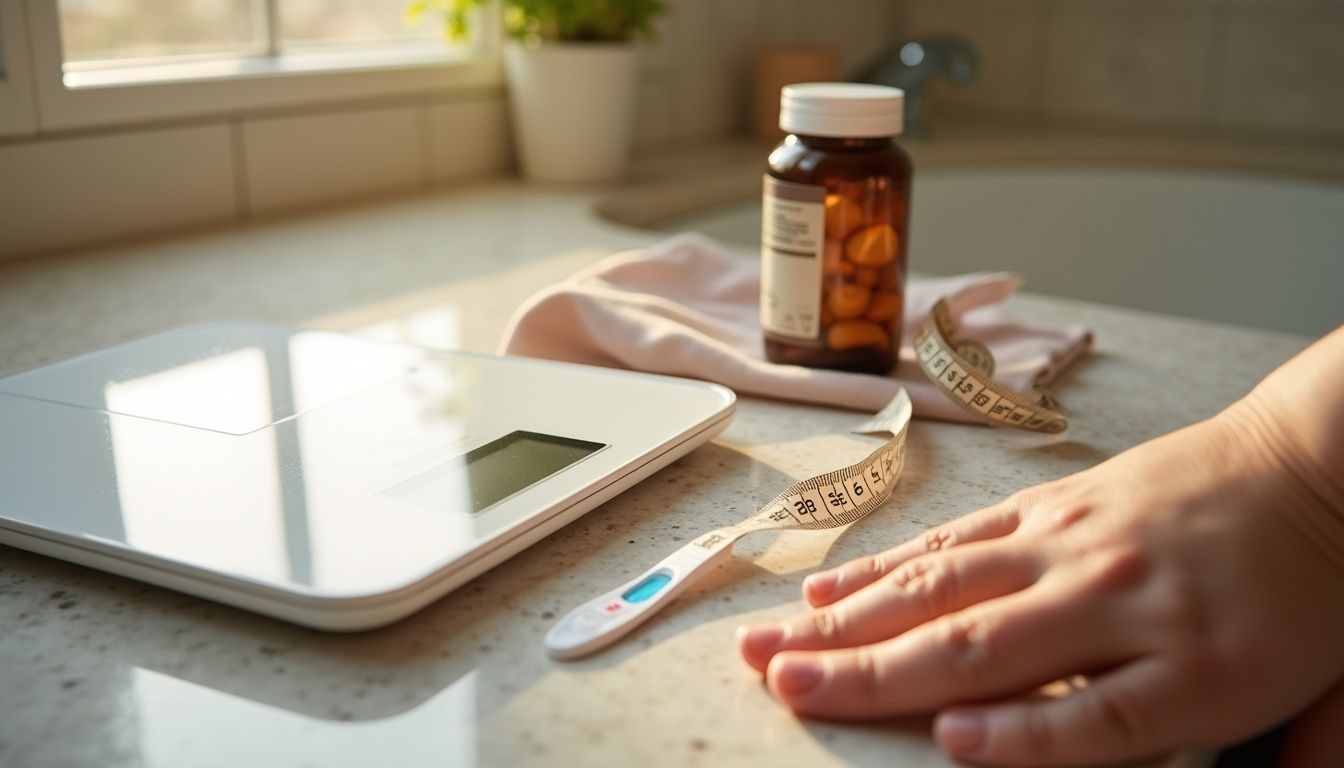 Scale, tape measure, pregnancy test, and vitamins on a bathroom counter. Scale, tape measure, pregnancy test, and vitamins on a bathroom counter.