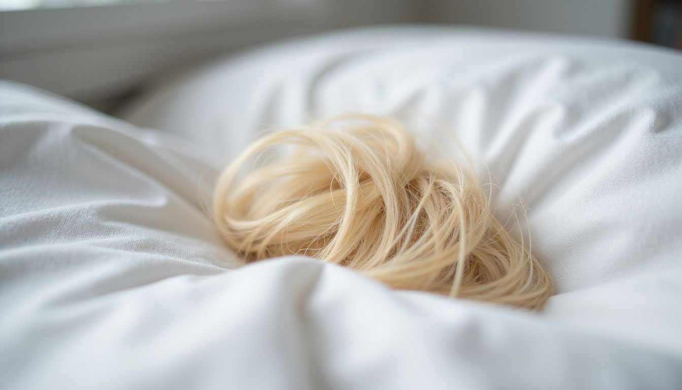 Close-up of fine blonde hairs on a white pillowcase, showing shedding. Close-up of fine blonde hairs on a white pillowcase, showing shedding.