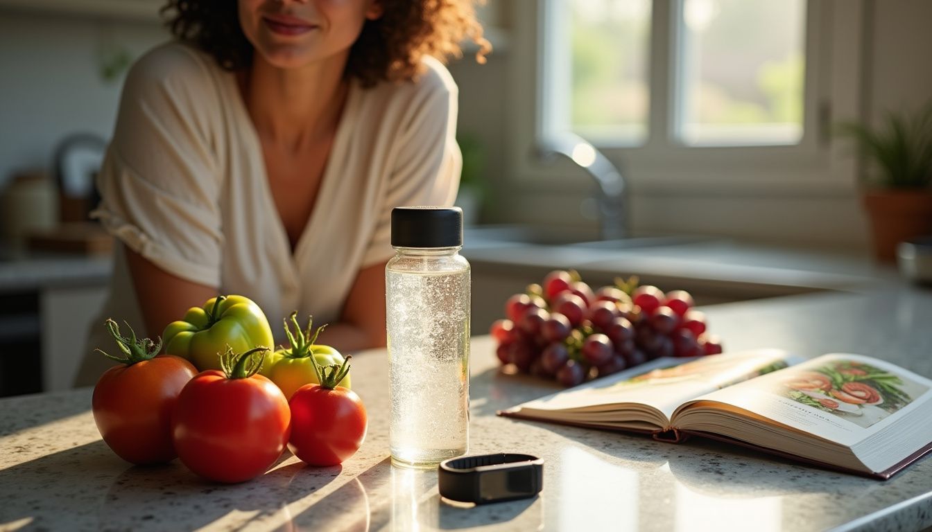 Sunlit kitchen counter with colorful produce, a water bottle, and a simple recipe book. Sunlit kitchen counter with colorful produce, a water bottle, and a simple recipe book.