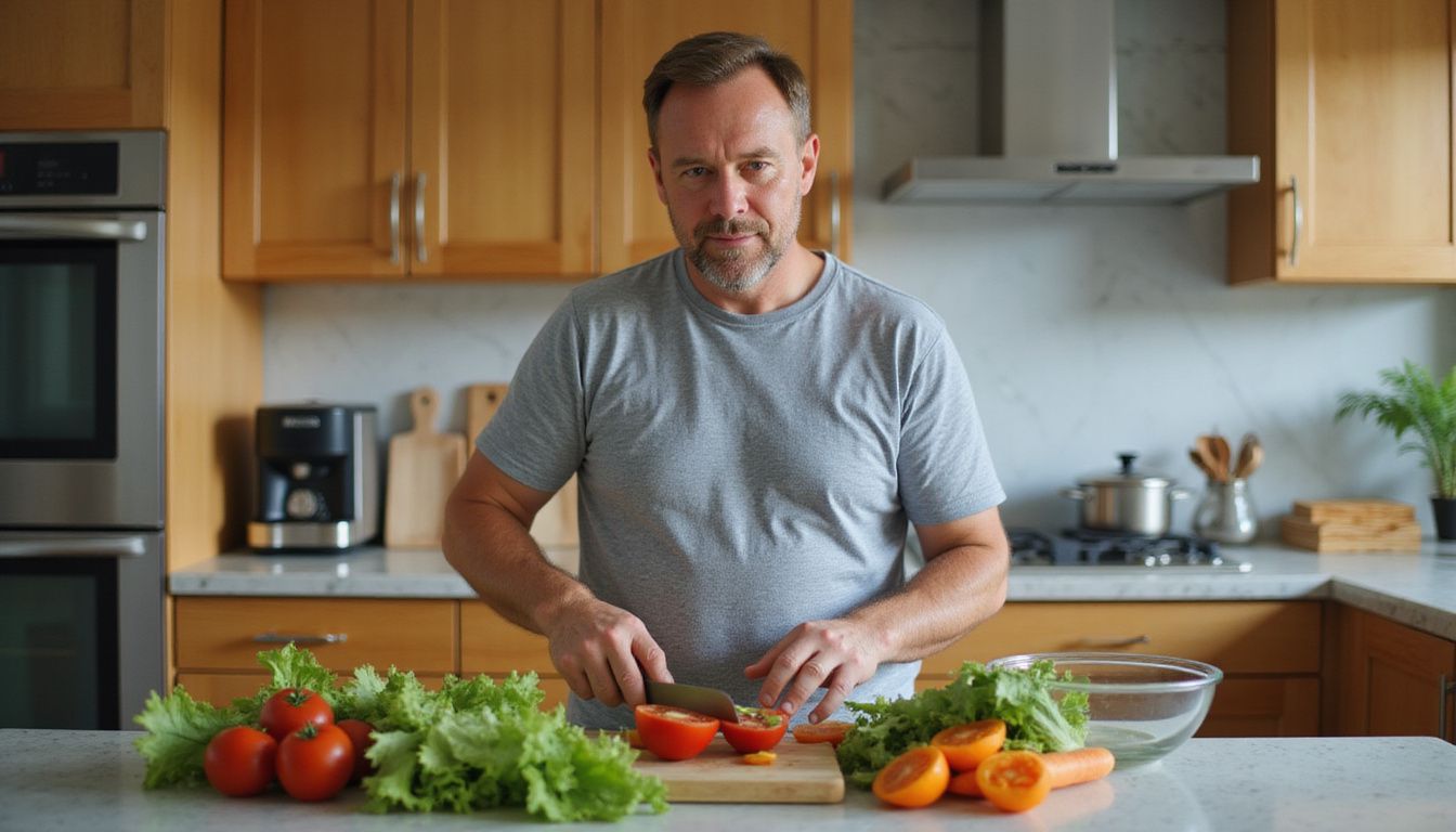 Focused man preparing a colorful, healthy plate at home.
