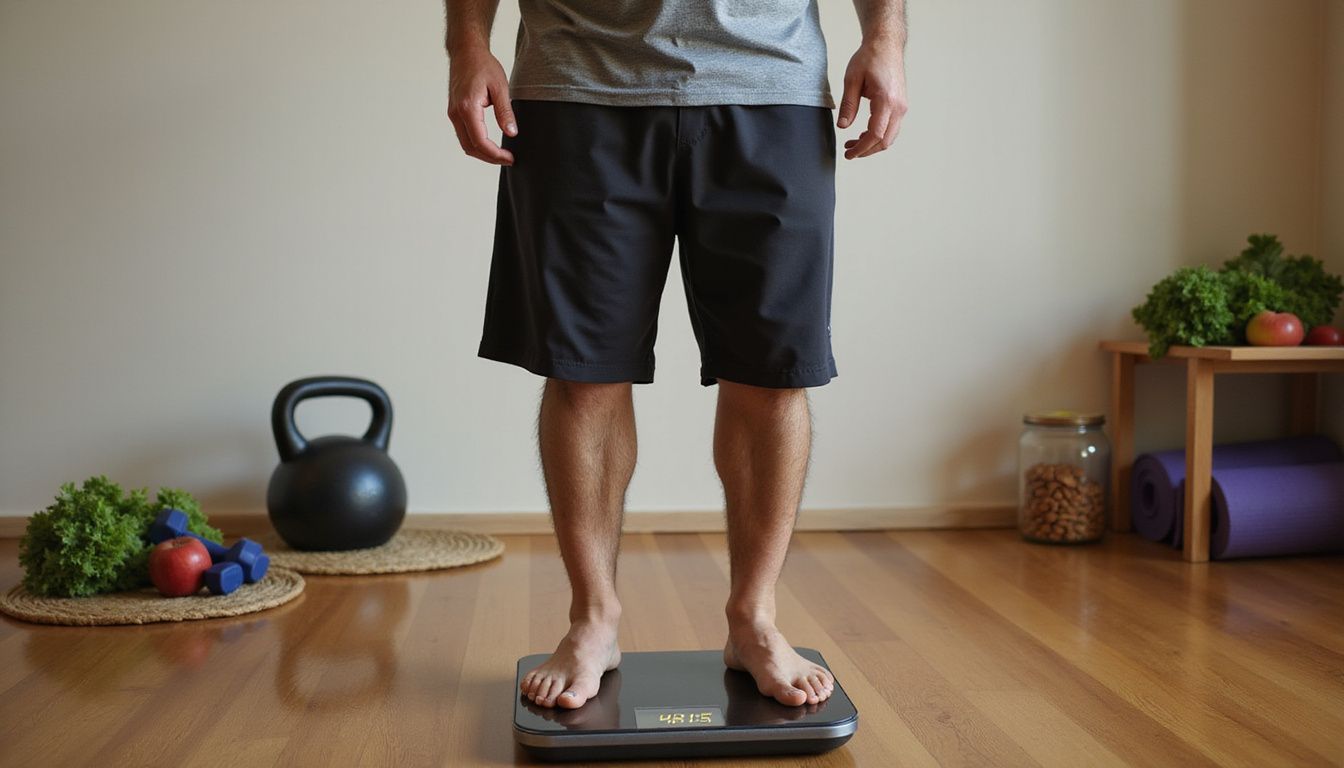 Man checking his weight on a scale during a morning routine.