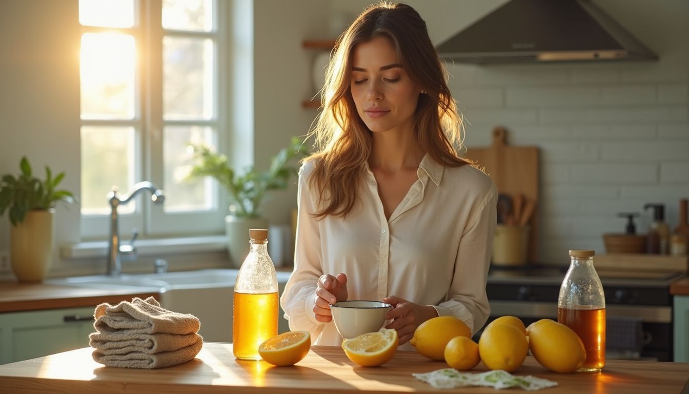 Morning tea with lemon and ginger arranged neatly on a kitchen counter. Morning tea with lemon and ginger arranged neatly on a kitchen counter.