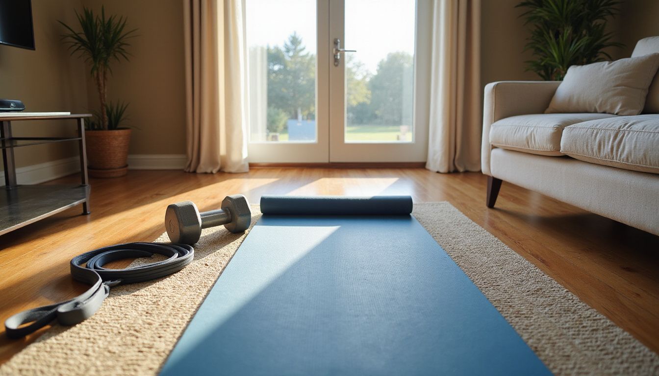 Home workout corner with a yoga mat, dumbbells, and a water bottle. Home workout corner with a yoga mat, dumbbells, and a water bottle.