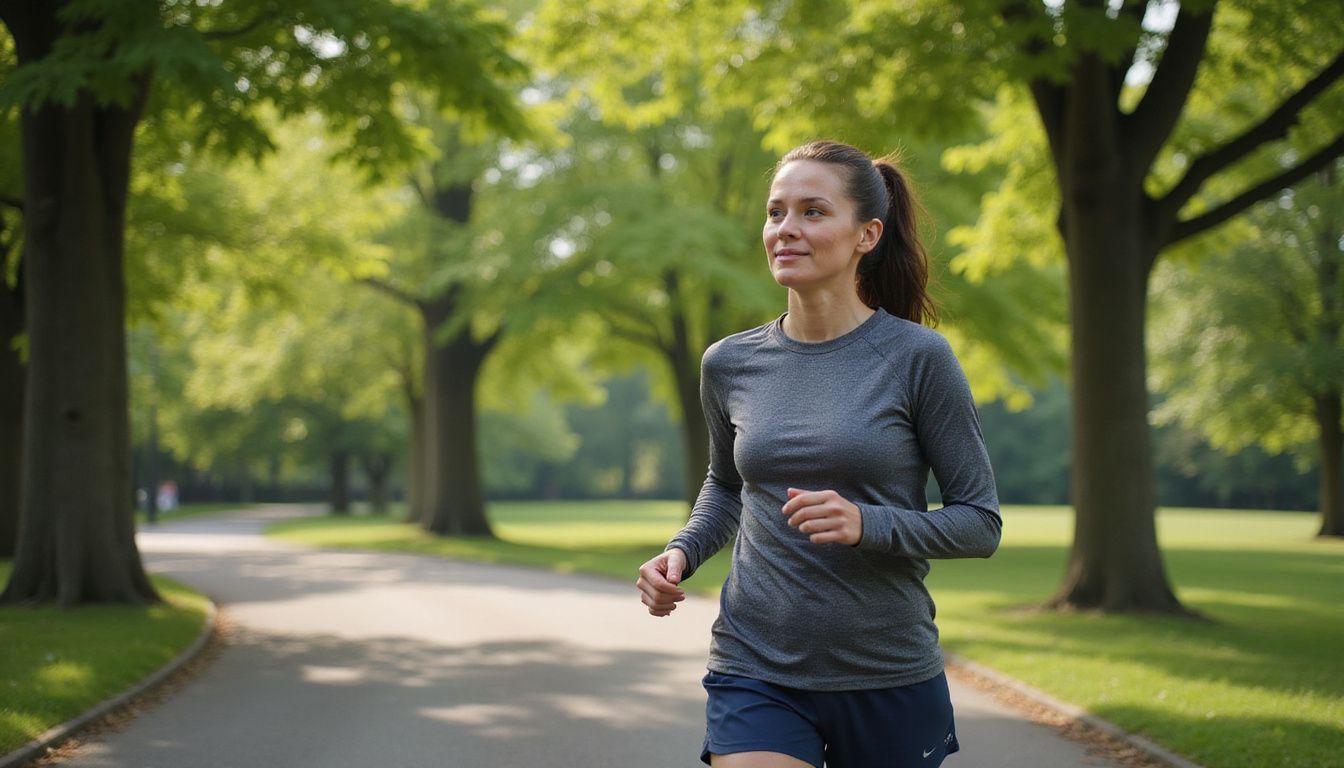 A focused runner on a park path during a morning jog.