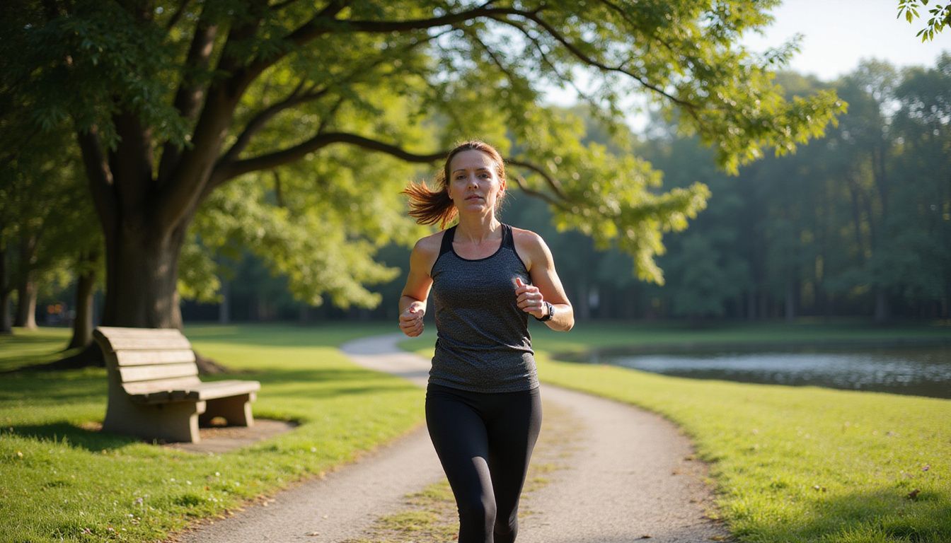 A woman jogging on a winding park path, showing steady effort and pace. A woman jogging on a winding park path, showing steady effort and pace.
