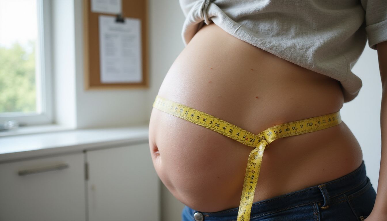 Woman checking waist measurement during a clinic visit. Woman checking waist measurement during a clinic visit.