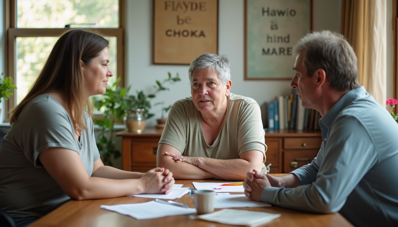 Registered dietitian guiding two clients through a simple meal plan.