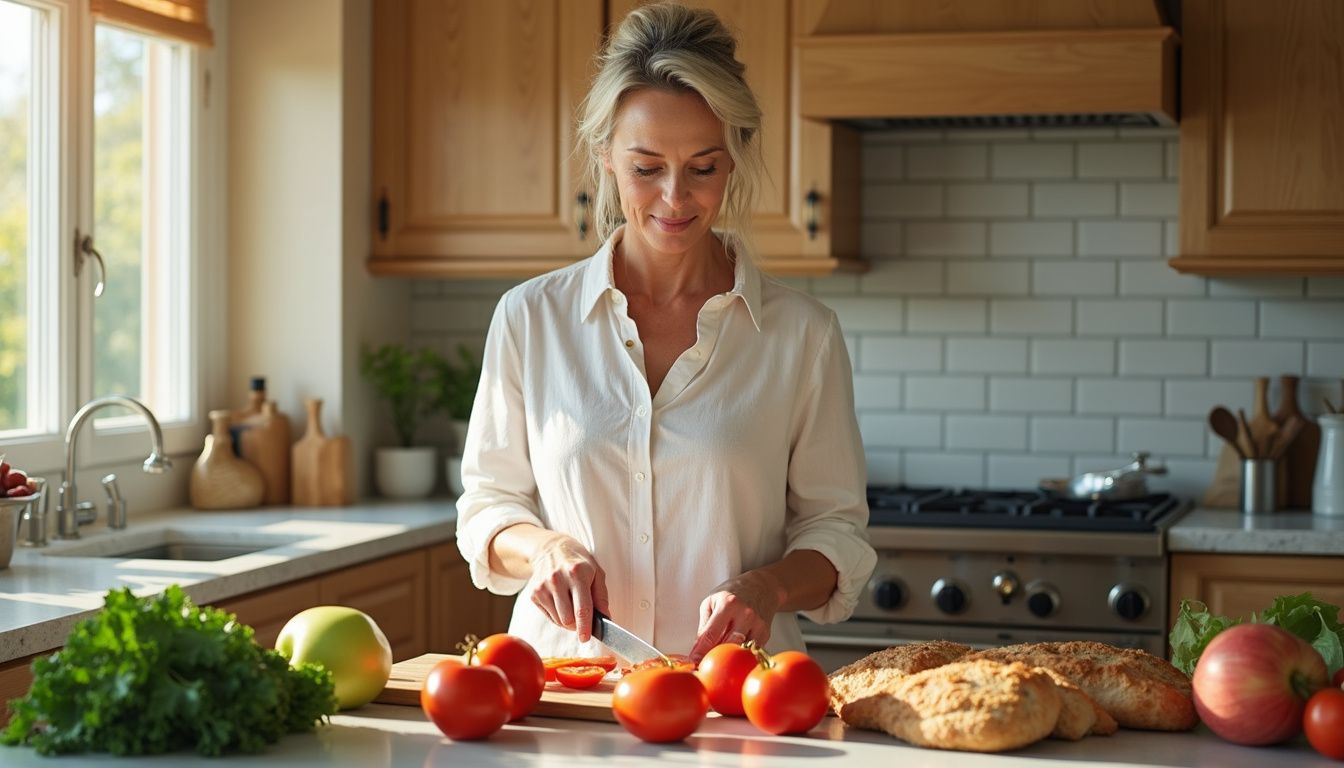 Home cook preparing fresh produce on a bright kitchen island.