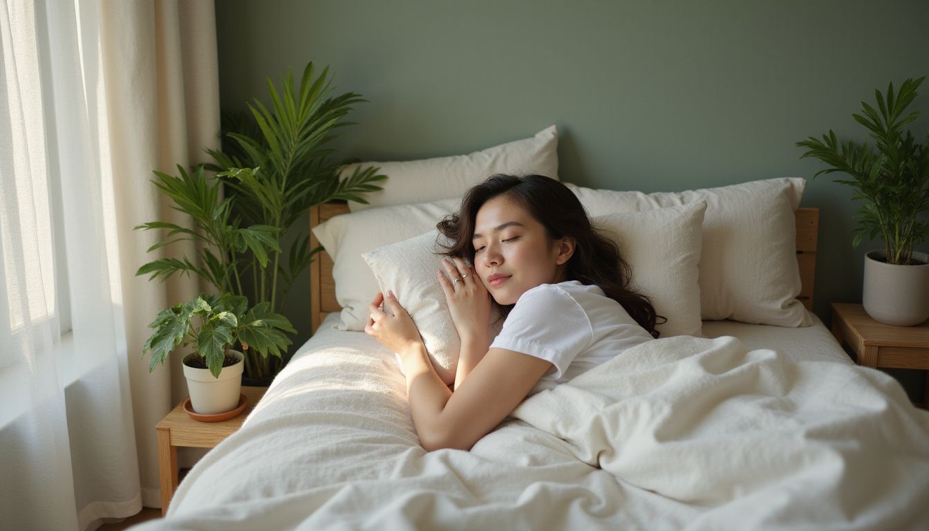 A peaceful woman sleeps on a neatly made bed with several green plants nearby.